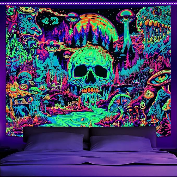 Zussun Blacklight Hippie Skull Mushroom Tapestry for Bedroom Aesthetic Hippy Forest Skeleton Monster Tapestries Wall Hanging Glow in The Dark Wall Tapestry for Living Room Dorm 80 × 60 Inch