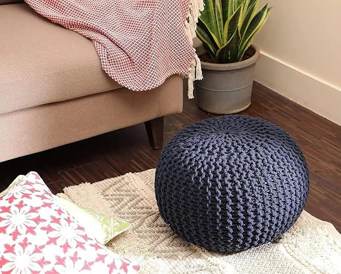 REDEARTH · Round Pouf Foot Stool Bean Bag Ottoman - Cable Knitted Cord Boho Pouffe - Poof Accent Bean Bag - Handmade by Artisans for Living Room - Bedroom (19.5"x19.5"x14") - Navy Blue, Set of 2