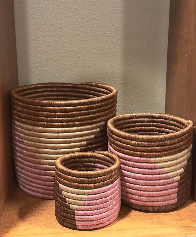 African Planter Baskets Sets of 3 Woven Sisal Baskets for Indoor Plant Pots Covers Home Decor Storage Organizer Gifts Zen Designs Arts and Crafts (Ocre, Tan, Pink)