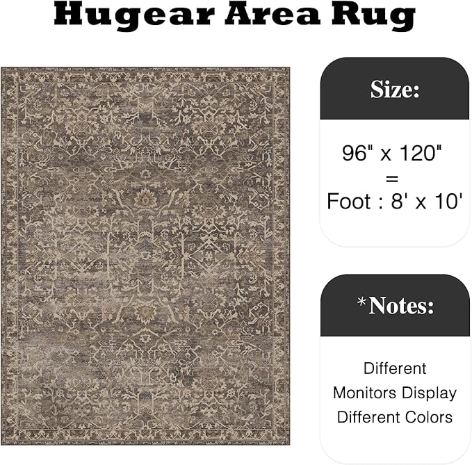 HUGEAR Area Rug 8x10 Retro Brown Machine Washable Living Room Rugs Distressed Vintage Floral Vacuumable Low Pile Carpet Bedroom Office Dining Room Laundry Room Non Slip Soft Lightweight