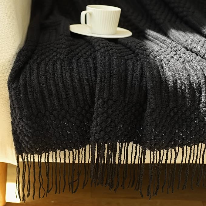 Blagic Knitted Throw Blanket for Couch, Bed and Sofa. Super Soft Blanket with Tassels, Black Throw Blanket, 60 x 80 Inches Lightweight & Cosy Home Decor