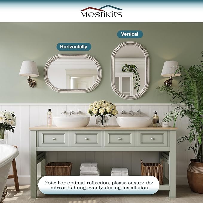 Farmhouse Oval Bathroom Boho Wall Mirror, 20" x 30" Antique Oval Bathroom Mirrors Over Sink, Wooden Wall Mirror for Bedroom, Living Room, Hallway, Vertical or Horizontal Hanging