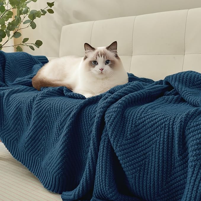 Knitted Throw Blanket 50"X60", Navy Blue Knit Throws for Bed, Super Soft Boho Chevron Blankets for Couch Sofa Chair Room Decor, Textured Decorative Farmhouse Cozy Lightweight