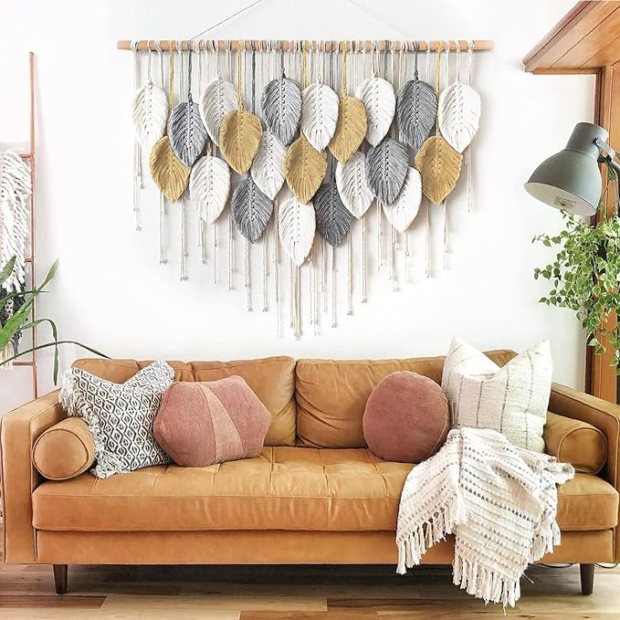LOMOHOO Large Macrame Wall Hanging, Boho Home Decor, Bohemian Woven Tapestry Leaf Feather Wall Art Decoration for Living Room Bedroom Apartment Gallery Dorm Perfect Handmade Gift Ideas 39" W x 30.7" L