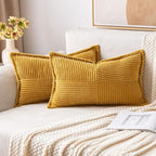 MIULEE Decorative Lumbar Throw Pillow Covers for Couch Bed Livingroom 12x20 Inch Set of 2 Fall Mustard Yellow Boho Accent Throw Pllows Broadside Striped Patchwork Soft Corduroy Pillowcases
