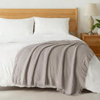Exclusivo Mezcla Twin Size Knit Blanket with Fringes for Bed, Reversible Super Soft and Warm Woven Boho Throw for All Season, Home Decor, 60"x80", Taupe