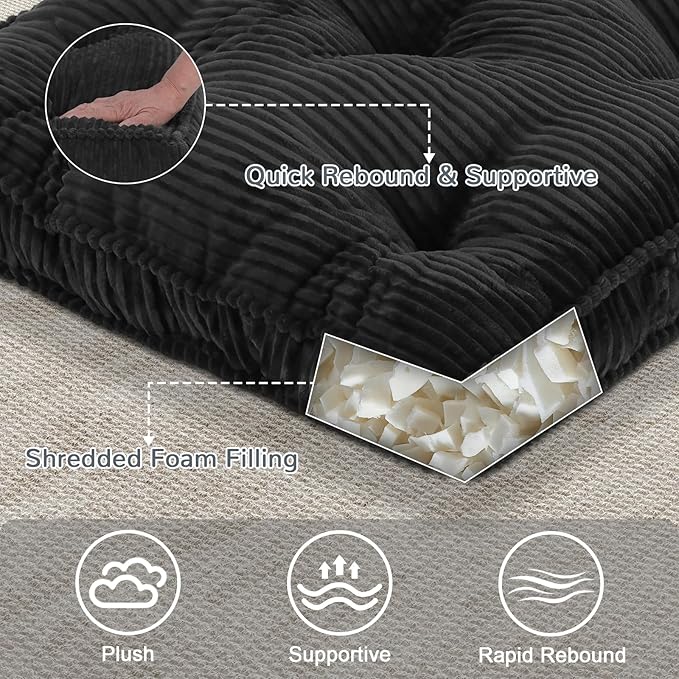 Floor Pillow, 22x22 Tufted Floor Cushion for Adults, Square Large Meditation Cushion Pillow, Corduroy Sitting with Handle, Yoga Seating for Tatami, Dark Grey, 1Pack