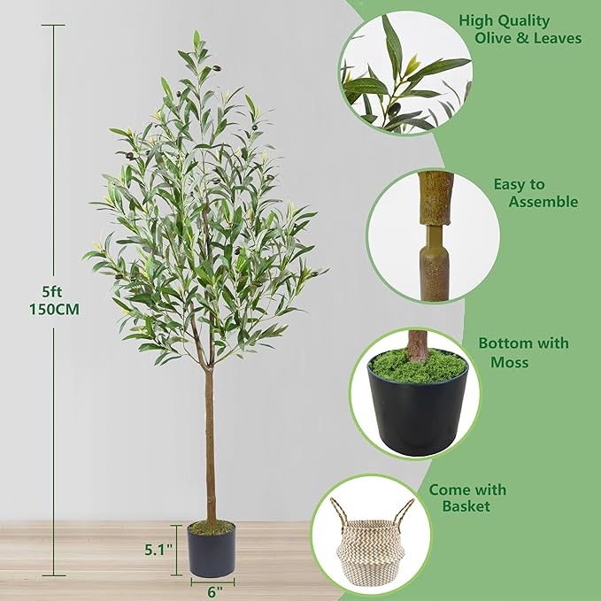 Artificial Olive Tree, 5ft Tall Fake Olive Leaves Plant with Basket, Indoor Outdoor Faux Olive Topiary Silk Tree for Home Livingroom Office House Décor