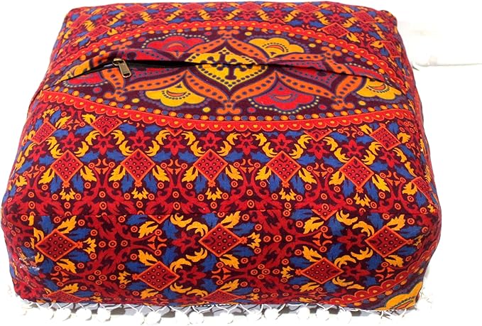 CRAFT KALA Large Hippie Mandala Meditation Floor Ottoman Pillow Cushion Pouf Cover Square Poufs Bohemian Circle Floor Cushion Case Outdoor Fireplace Yoga Living Room Decor Cover New Orange, 24" Square