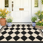 Black and White Diamond Outdoor Easy Jute Front Porch Rug 3x5, Washable Non-Slip Checkered Entryway Rug, Modern Farmhouse Boho Low Pile Indoor Carpet for Living Room, Kitchen, Mudroom, Laundry Room