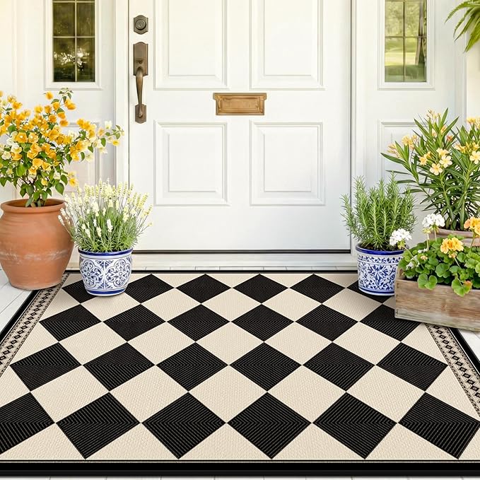 Black and White Diamond Outdoor Easy Jute Front Porch Rug 3x5, Washable Non-Slip Checkered Entryway Rug, Modern Farmhouse Boho Low Pile Indoor Carpet for Living Room, Kitchen, Mudroom, Laundry Room
