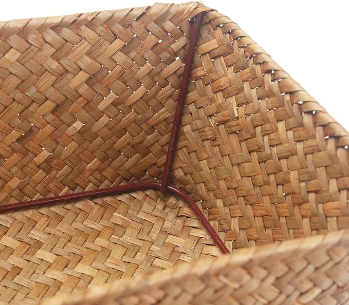 DOKOT Small Woven Wicker Open Storage, Rectangular Handmade Seagrass Baskets for Home, Bathroom Organization（Set of 3）