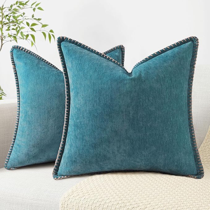 decorUhome Summer Chenille Soft Cozy Throw Pillow Covers 20x20 Set of 2, Modern Farmhouse Boho Velvet Decorative Pillow Cases with Stitched Edge for Couch Sofa Bed Home Decor, Teal