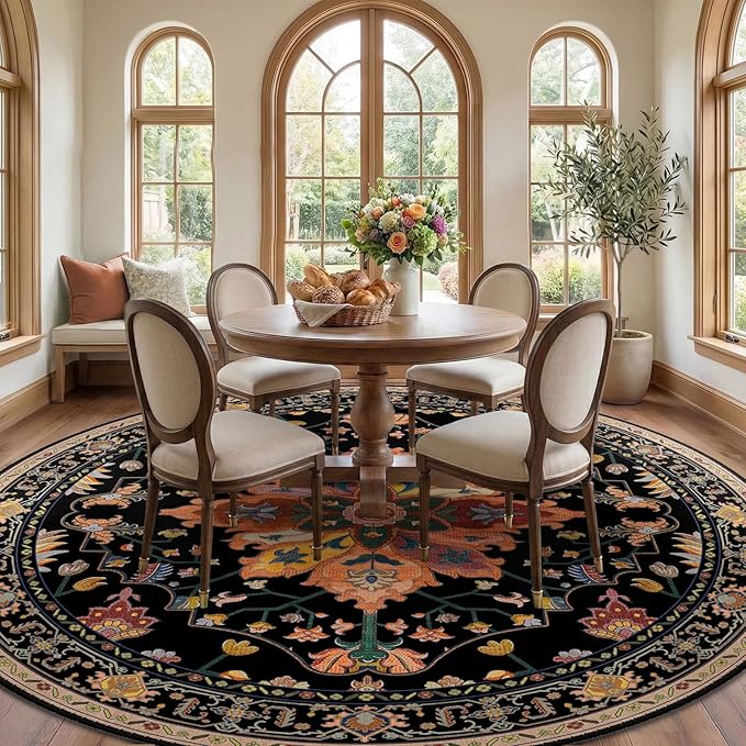 Area Rugs 8ft Washable Non-Slip, Floral Vintage Distress Print Pattern Medallion Carpet for Living Room Bedroom Dining Room, Black Colorful Floral Dark Tan