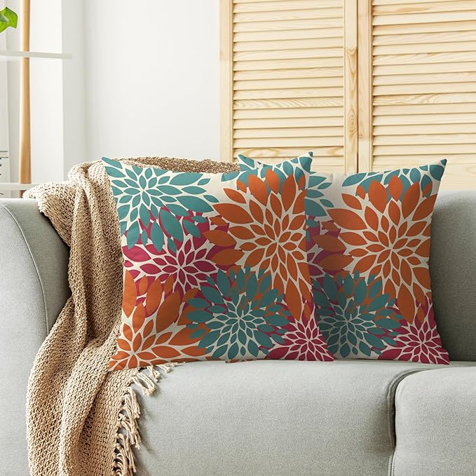 Blue Orange Burgundy Red Pillow Covers 16X16 Inch Set of 2, Spring Modern Geometry Dahlia Floral Decorative Throw Pillow Covers Outdoor Farmhouse Cushion Case for Couch Sofa Bed Decor