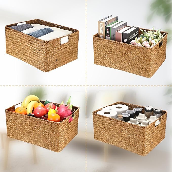 Hipiwe Seagrass Storage Baskets Bin for Shelf,X-Large Handwoven Wicker Baskets Built-in Handles Rectangular Closet Bedroom Organizer Box Multipurpose Pantry Basket,Caramel Color