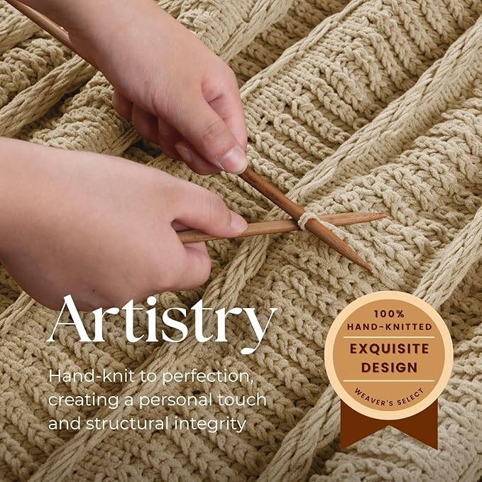 Boho Knitted Chenille Blanket with Tassels - Lightweight & Soft All-Season Throw - 3D Classic Pattern for Living Room Bedroom Couch, Sandy Beige, Queen 90"x90"