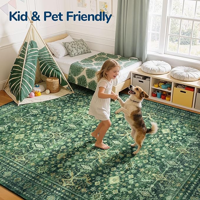 Lessymo 5x7 Washable Area Rug with Non Slip Backing,Soft Boho Indoor Carpets for Living Room Bedroom Nursery, Kid and Pet Friendly, Green