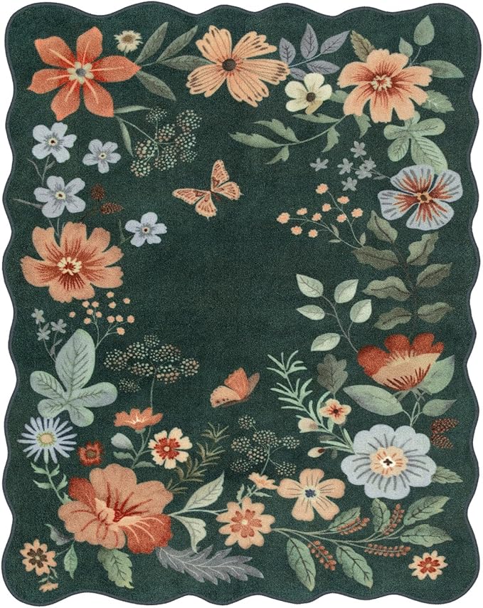 Lahome Floral Washable Rugs 8x10, Non-Slip Soft Bedroom Rug Stain Resistant, Ultra-Thin 8x10 Rugs for Living Room Boho Accent Carpet for Dining Room Office Flore (8x10ft,Dark Green)