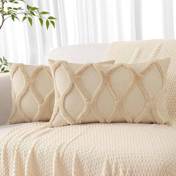 decorUhome Spring Throw Pillow Covers 12x20 Inch Set of 2, Soft Plush Faux Fur Wool Lumbar Light Brown Accent Couch Pillow Covers for Modern Farmhouse Bed Sofa Living Room