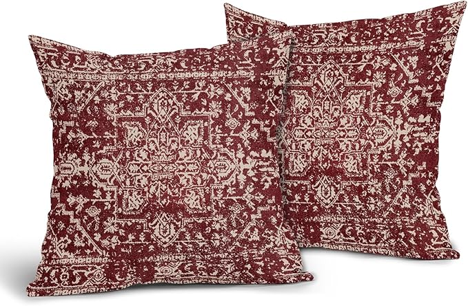 Burgundy Red Boho Throw Pillow Covers 20x20 Inch Decorative Square Beige Tan Gray Maroon Pillow Cases Bohemian Carpet Pattern Ethnic Cushion Covers Farmhouse Home Decor For Sofa Couch Outdoor Set of 2