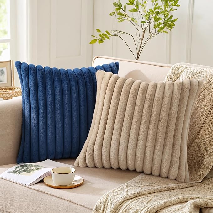 Pallene Faux Fur Plush Throw Pillow Covers 16x16 Set of 2, Luxury Soft Fluffy Striped Decorative Pillow Covers for Sofa, Couch, Living Room, Navy Blue
