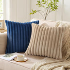 Pallene Faux Fur Plush Throw Pillow Covers 16x16 Set of 2, Luxury Soft Fluffy Striped Decorative Pillow Covers for Sofa, Couch, Living Room, Khaki
