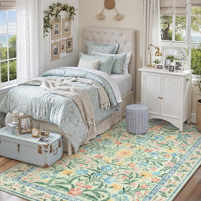 Lahome Sylvie Washable 5x7 Area Rugs, Boho Pink and Green Floral Living Room Rug Non Slip, Vintage Girls Bedroom Indoor Carpet for Nursery Playroom Kitchen, Green/Multi