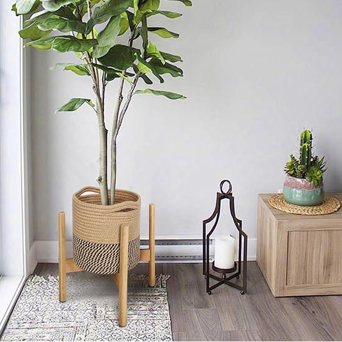 Woven Jute Plant Basket, Wicker Basket Planter up to 7" Pot, Round Indoor Tree Pot Cover, Small Boho Planter, Decorative Bins for Plants and Home Decor, 8”x8”x8, Black Stripes
