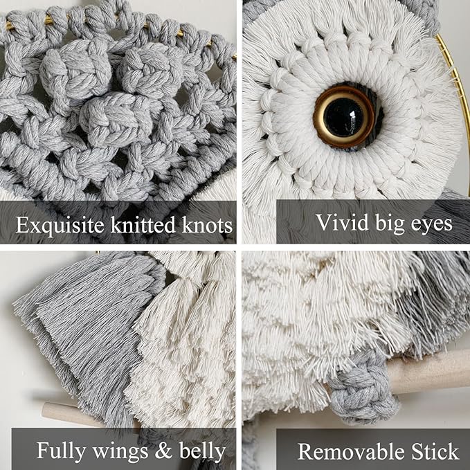 ACEDSGN Macrame Owl Wall Hanging Boho Hippy Decor, Handmade Tapestry Fiber Art Wall Decor for Nursery Bedroom Living Room, Sustainable Gift for Owl Lovers & Nature Fans