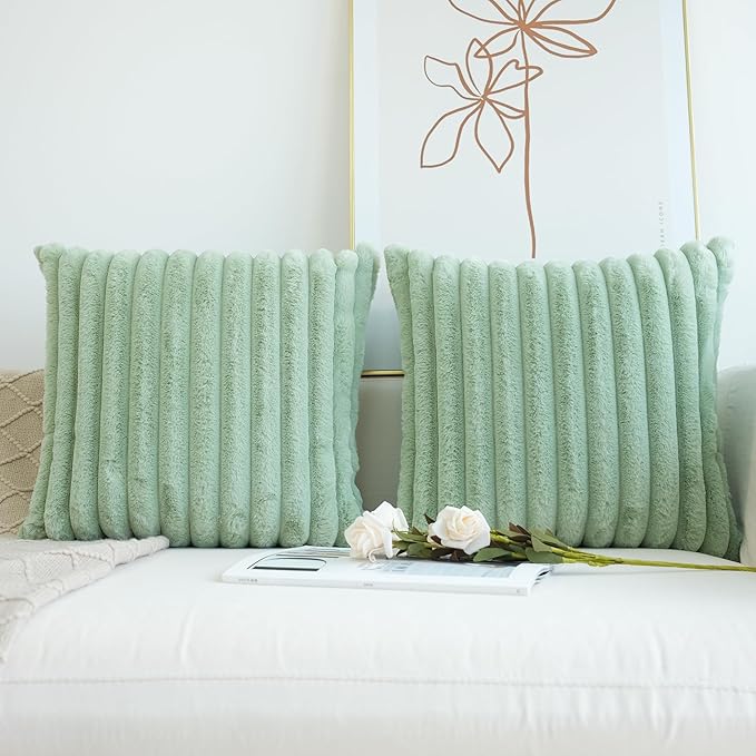 JOJUSIS Pack of 2 Faux Fur Plush Decorative Throw Pillow Covers Couch Cushion Case Soft Pillowcases (Sage Green, 16 x 16-Inch)