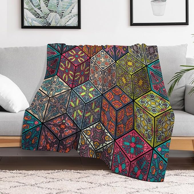 Hippie Bohemian Mandala Throw Blanket Indian Flower Floral Texture Print Blanket for Sofa Bed Couch Chair Or Dorm 70"x80"