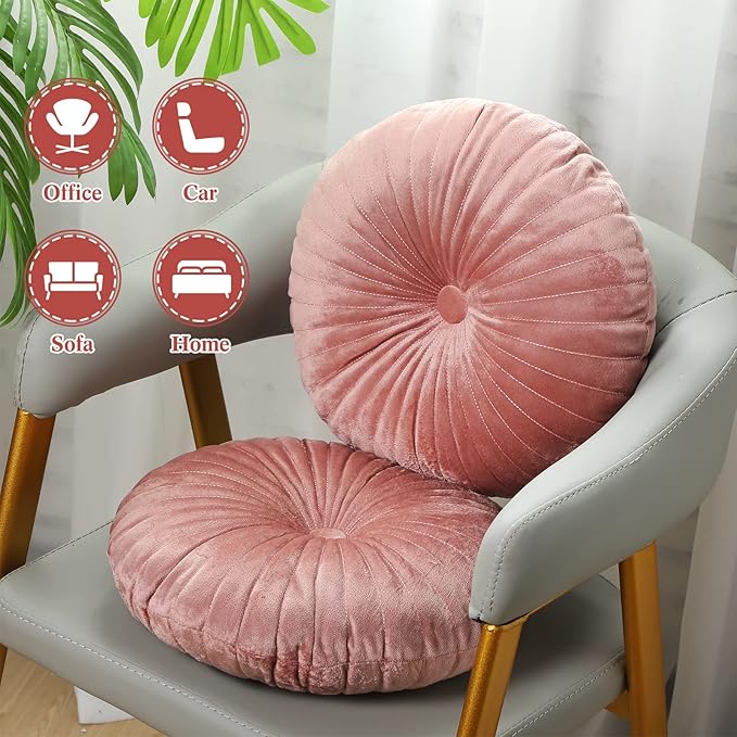 Namalu 2 Pcs Round Throw Pillow 13.8 Inch Decorative Round Velvet Floor Pillows Pumpkin Throw Pillows with Center Button for Thanksgiving Home Decor Living Room Sofa Couch Bed Chair (Pink)