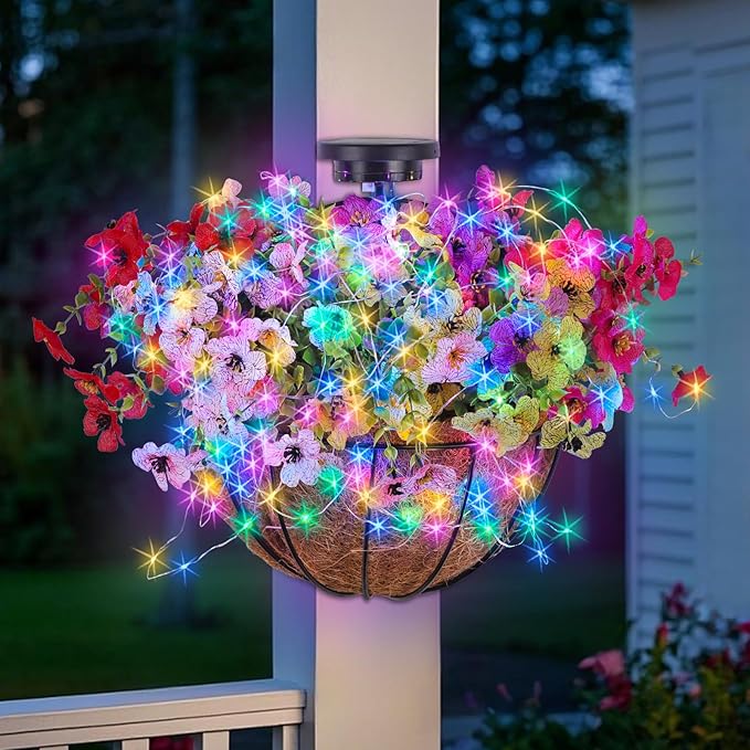 Solar Hanging Basket with Artificial Flowers: Outdoor Fake Flower Baskets with Solar String Lights for Fall Decor - 10 inch Plant Basket with Silk Faux Petunias for Porch Railing Fence Wall Door