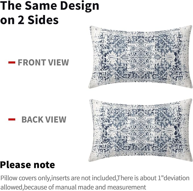 Navy Blue Grey Ethnic Boho Lumbar Pillow Covers 12x20 Inch Bohemian Carpet Pattern Vintage Gray Pillow Cases for Couch Farmhouse Rectangle Rustic Rug Pillow Cases for Bed Patio Outdoor Indoor Set 2