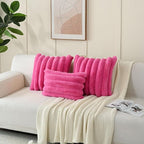 FUTEI Hot Pink Decorative Throw Pillow Covers 16x16 Inch Set of 2, Square Soft Faux Rabbit Fur Thick Striped Cushion Cover,Spring Home Decor for Couch Bed Living Room