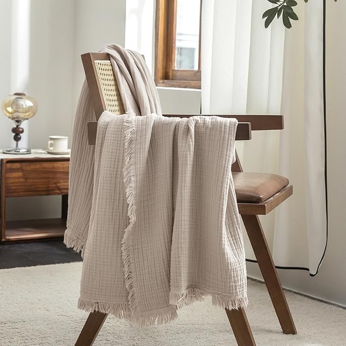 FOSSA Muslin Blanket with Fringe - 4-Layer 100% Cotton Gauze Super Soft & Breathable Throw -Lightweight Decorative Cooling Blanket for Bed, Sofa, Office -Oversize Queen Size 98" × 98" (Beige Gray)