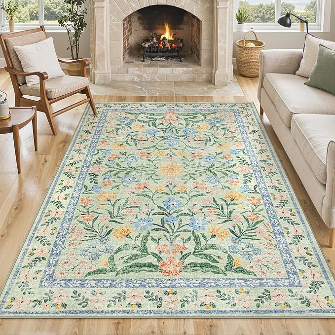 Lahome Sylvie Sage Green 6x9 Bedroom Rugs, Boho Washable Rugs for Living Room, Soft Wool Carpet for Nursery, Vintage Low Pile Carpet for Kids Playroom Girls, Tea Green