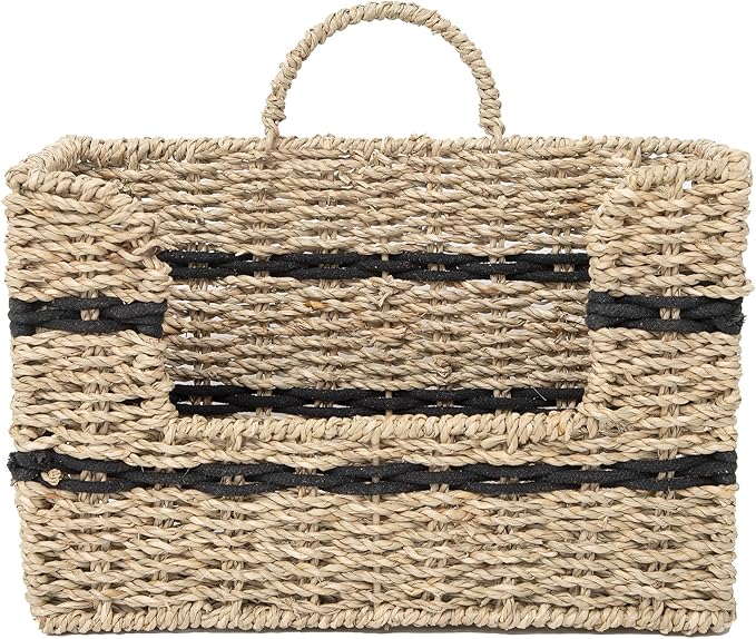 Handmade Seagrass Woven Hanging Basket with Black Cotton Rope - 11.81 x 4.33 x 7.87 Inches - Ideal for Wall Decor & Storage (Rectangular opening)