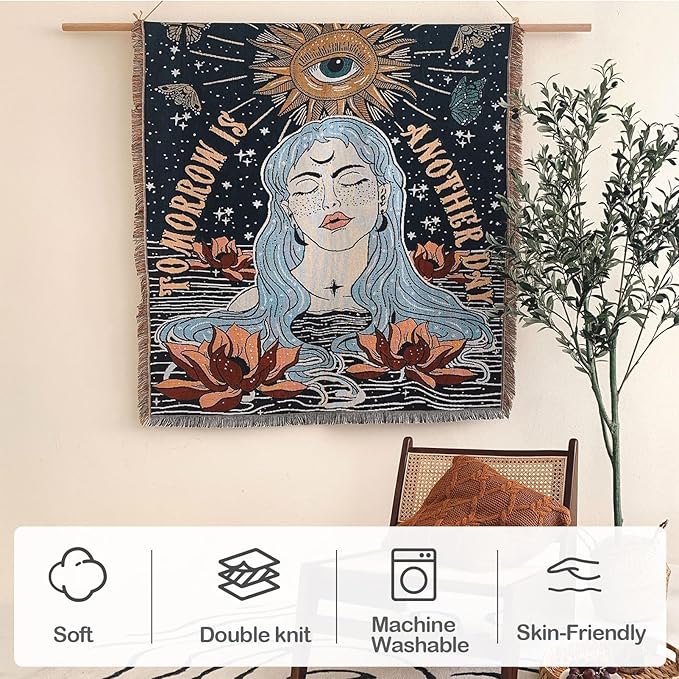 Snycler Boho Throw Blanket for Bed 50 * 60inch Woven Blanket Cotton Polyester Farmhouse Decor for Indoor Outdoor Sofa Bedroom Garden，All Season(Woman)