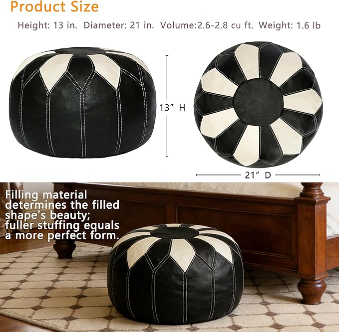 Thgonwid Unstuffed Moroccan Faux Leather Pouf Ottoman with Storage - Handmade Boho Chic Multi-Use Footrest for Living Room, Bedroom, Patio - Round Ethnic Floor Cushion & Decorative Accent, Black&White