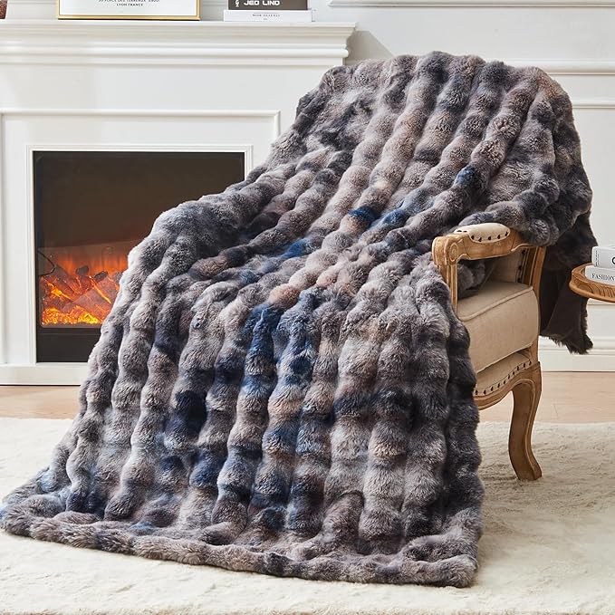 EMME Faux Fur Blanket Twin Size Tie-Dye Dark Gray - Big Bubble Rabbit Cozy Blanket for Couch, Thick Furry Plush Shaggy Blankets, 650GSM, 60x80 Inches