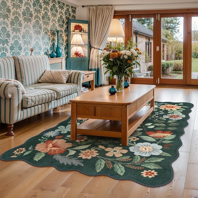 Lahome Floral Washable Rug- 4x6ft Green Bedroom Girls Ultra-Thin Soft Living Room Non-Slip Stain Resistant Boho Lightweight Throw Rug for Nursery Office Flore, Dark Green