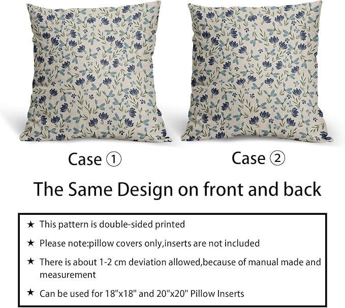 Green Teal Navy Blue Floral Pillow Covers 18x18 Set of 2 Vintage Rustic Old Style Cute Small Flower Print Decorative Outdoor Pillowcases Farmhouse Throw Cushion Case Decor for Couch Sofa Bed