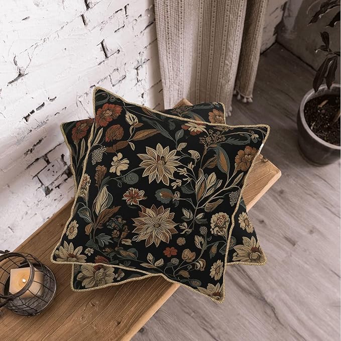 KSLIDS Vintage Floral Brown Black Soft Velvet Throw Pillow Covers Set of 2 Retro Boho Flower Leaves Decorative Pillow Covers 20x20 Inch Bohemian Pillow Case for Sofa Couch Farmhouse Home Decor