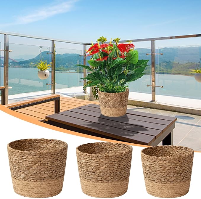 Jute Rope Plant Basket Indoor Modern Woven Flower Pot Basket Seagrass Storage Organizer Planter Rustic Decorative Plant Containers Cover Laundry Bin for Porch Living Room Entryway (3PCS)