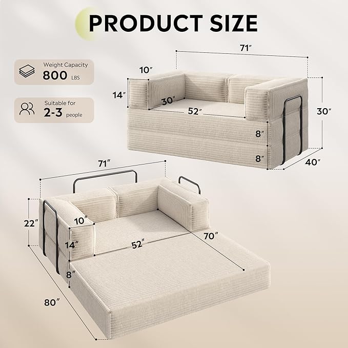 WLIVE 71'' Futon Sofa Bed, Convertible Sleeper Sofa, Folding Pull Out Couch Boneless Mattress with Fixed Frame, Corduroy, with Storage Pocket, Beige