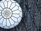 ARTOUARZAZATE Premium Moroccan Leather Pouf Cover - Round & Large Ottoman Footstool Cover with Embroidery - Cover ONLY - Perfect for The Living Room Bedroom, Kids Room, Gift & Wedding (White By Black)