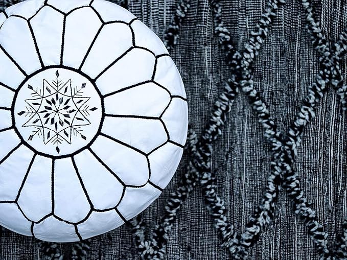 ARTOUARZAZATE Premium Moroccan Leather Pouf Cover - Round & Large Ottoman Footstool Cover with Embroidery - Cover ONLY - Perfect for The Living Room Bedroom, Kids Room, Gift & Wedding (White By Black)