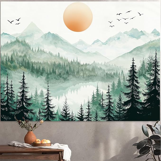 Accnicc Misty Forest Mountain Tapestry Sage Green Nature Pine Tree Wall Tapestry for Bedroom Aesthetic Watercolor Woods Lake Small Tapestries Wall Hanging for Living Room Dorm Decor 48 x 36 Inch